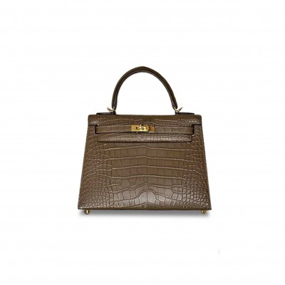 HERMÈS MASTER KELLY 25 CROCODILE ELEPHANT GREY GOLD BUCKLE (25*17*7cm) 